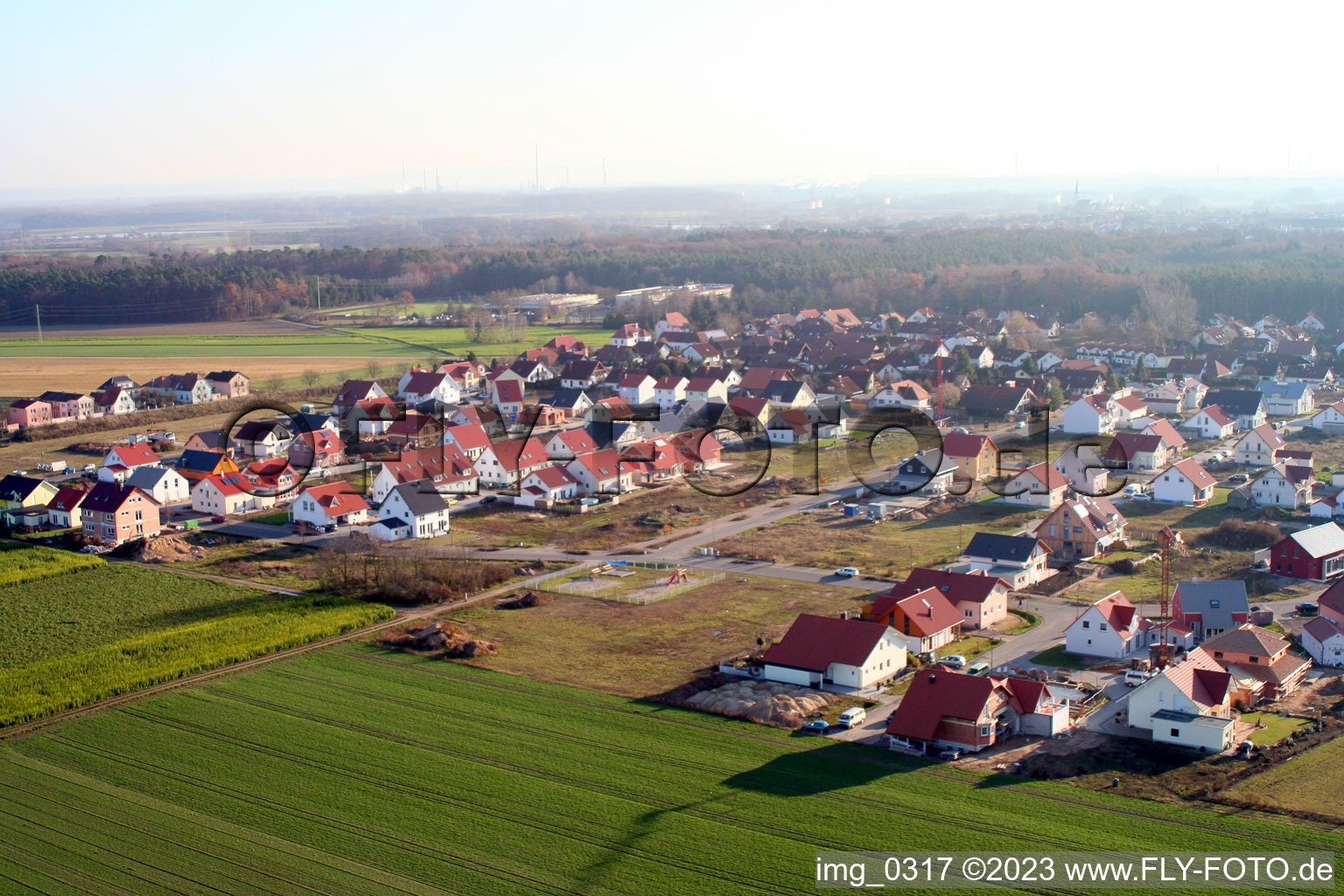 New development area at the Tongruben in Rheinzabern in the state Rhineland-Palatinate, Germany seen from a drone