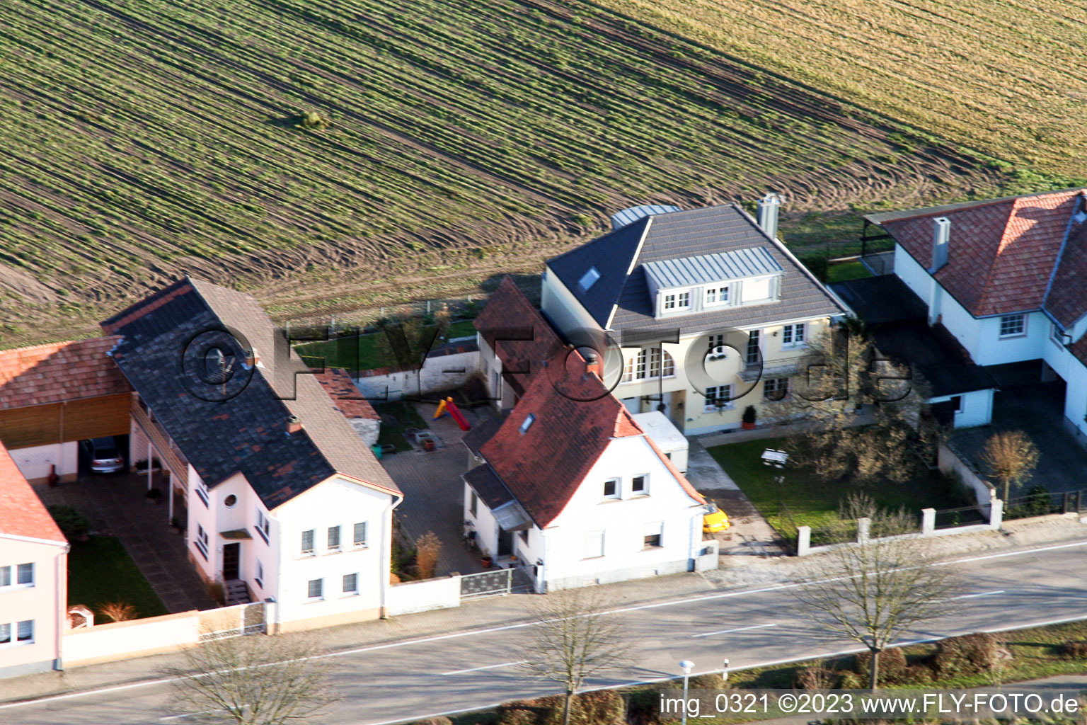 Aerial view of Jockgrimerstr in Rheinzabern in the state Rhineland-Palatinate, Germany
