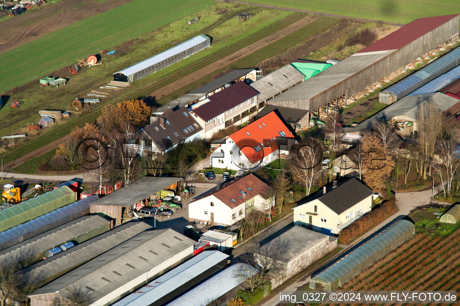 Aerial view of Ohmer Settlers’ Farm in Rheinzabern in the state Rhineland-Palatinate, Germany