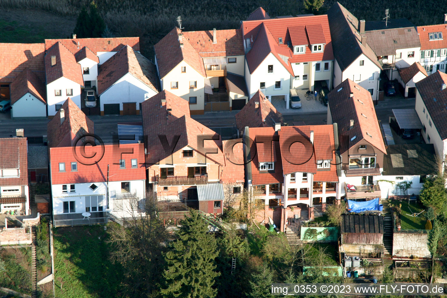 Ludwigstr in Jockgrim in the state Rhineland-Palatinate, Germany seen from above