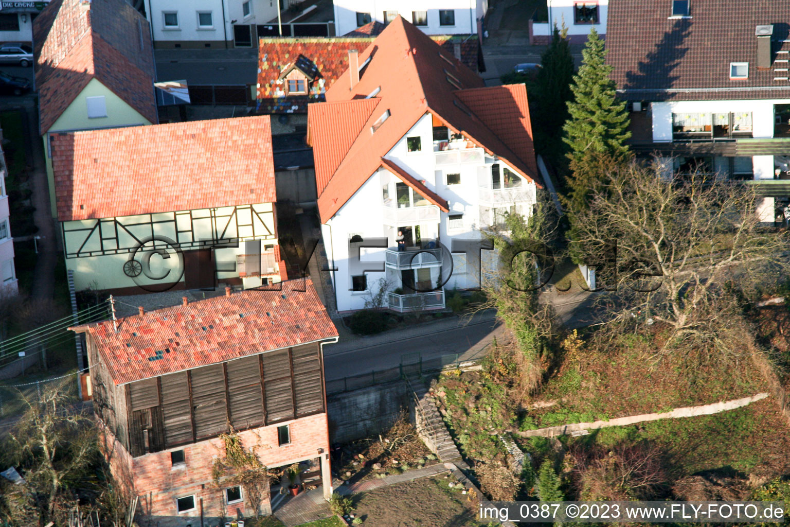 Aerial photograpy of Bahnhofstr in Jockgrim in the state Rhineland-Palatinate, Germany