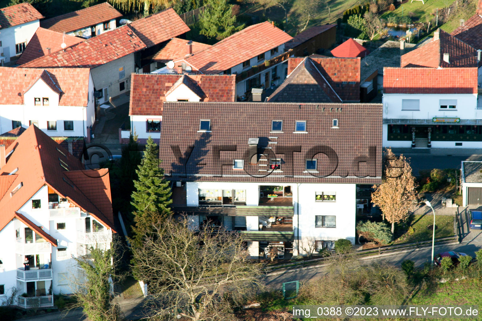 Oblique view of Bahnhofstr in Jockgrim in the state Rhineland-Palatinate, Germany