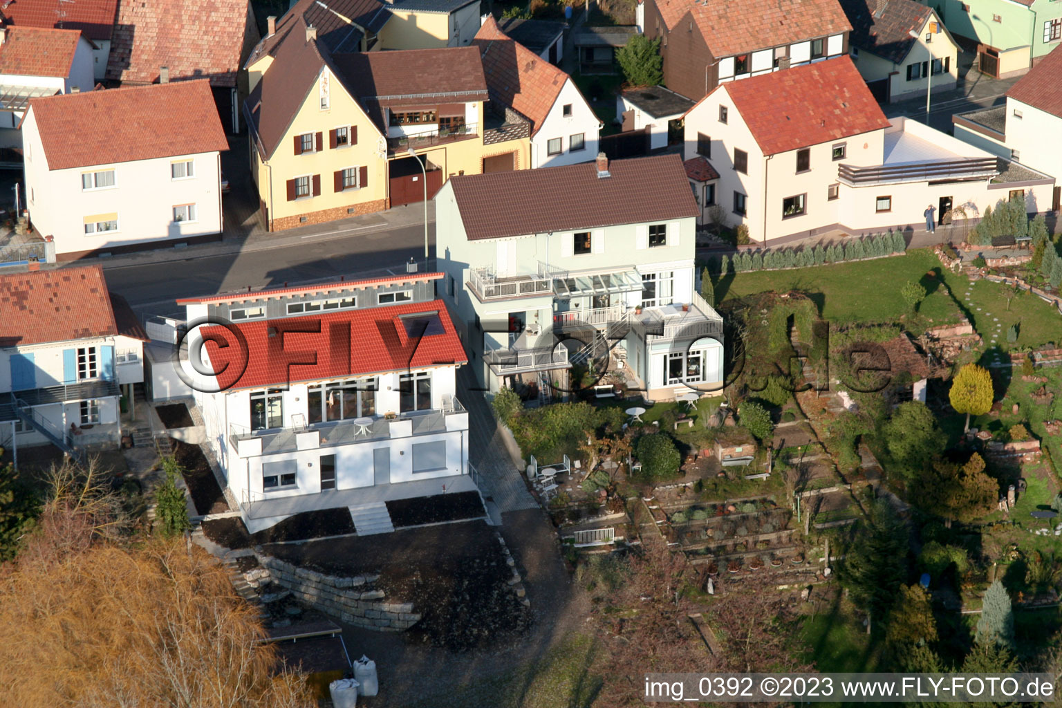 Bahnhofstr in Jockgrim in the state Rhineland-Palatinate, Germany seen from above