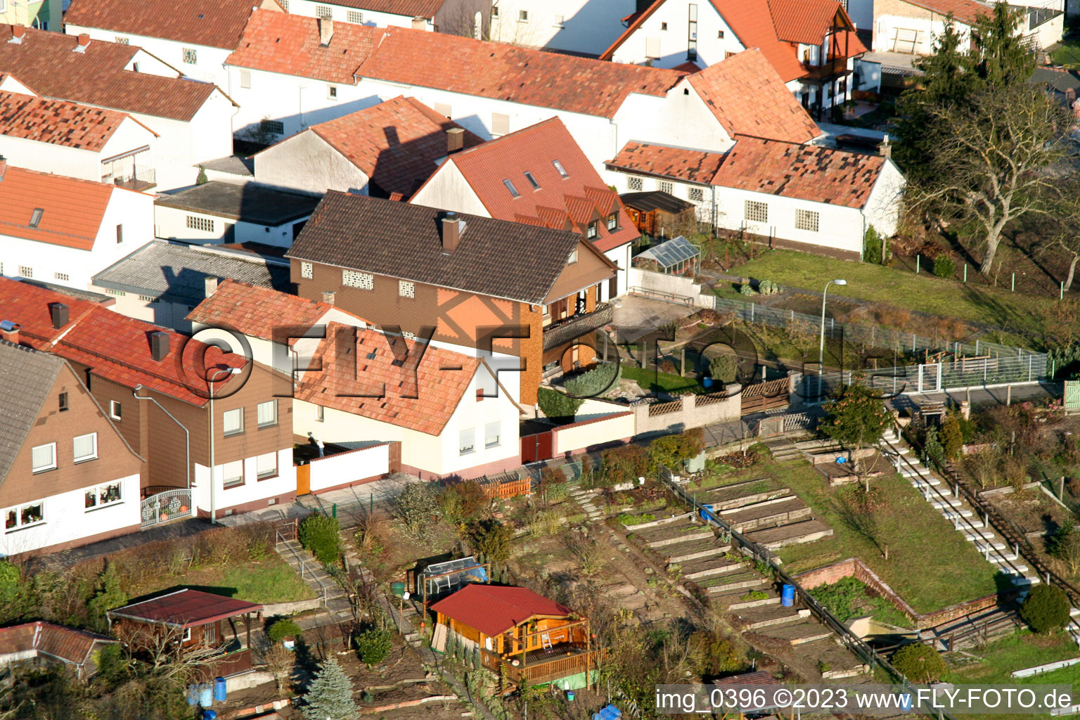 Bird's eye view of Bahnhofstr in Jockgrim in the state Rhineland-Palatinate, Germany