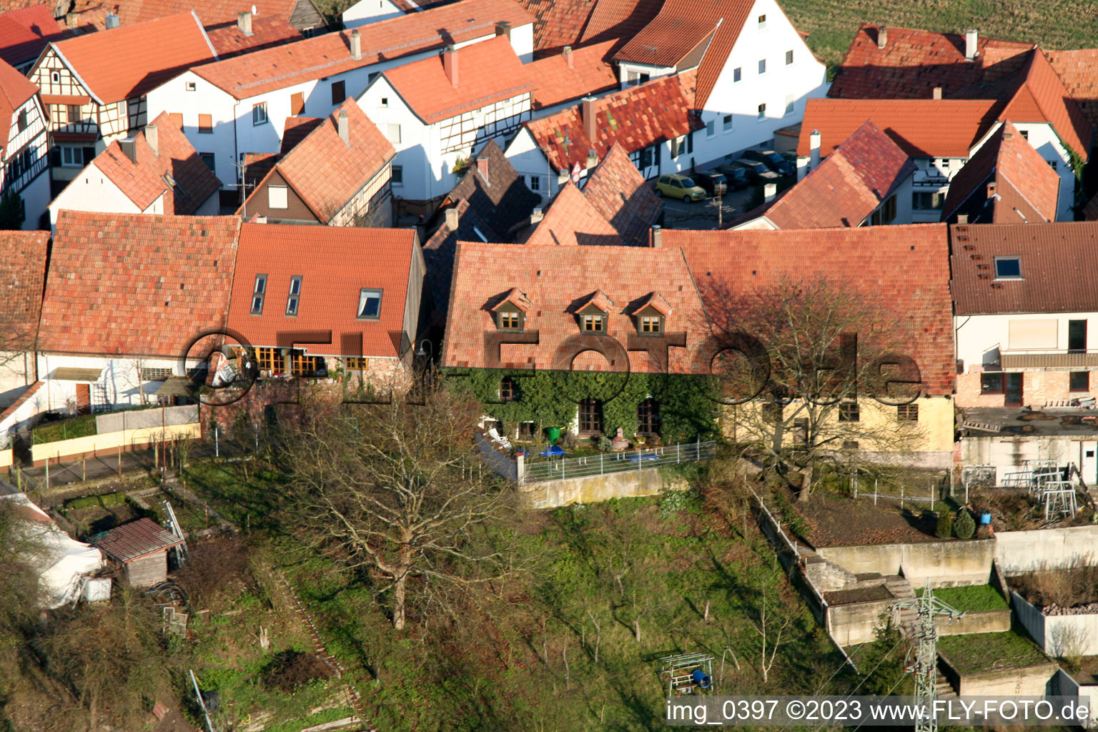 Bahnhofstr in Jockgrim in the state Rhineland-Palatinate, Germany viewn from the air