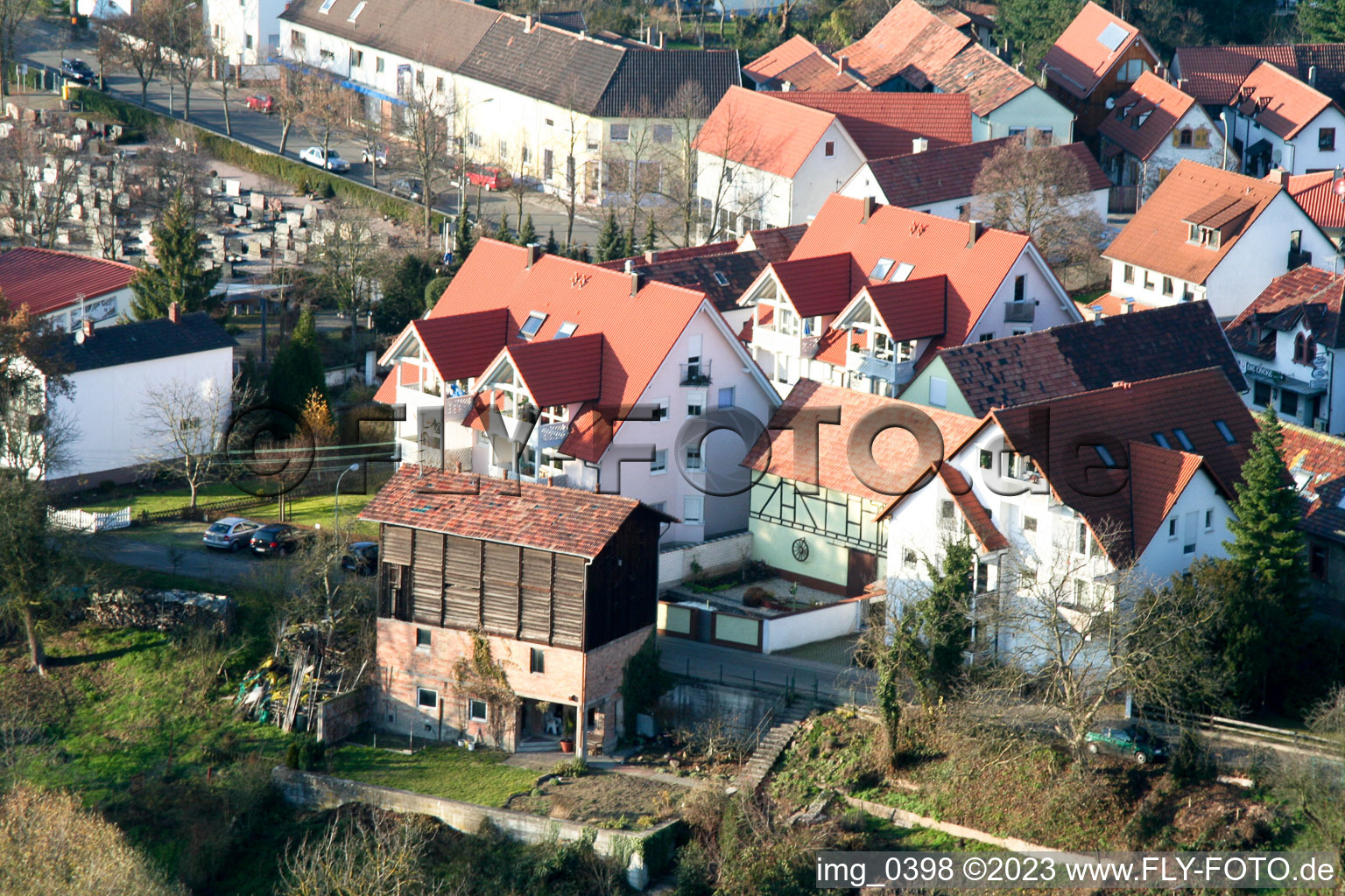 Drone recording of Bahnhofstr in Jockgrim in the state Rhineland-Palatinate, Germany