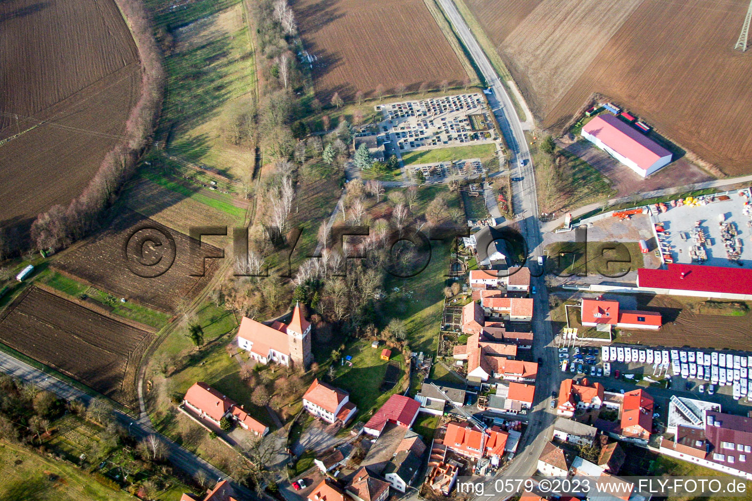 Aerial view of Church of Minfeld in Minfeld in the state Rhineland-Palatinate, Germany