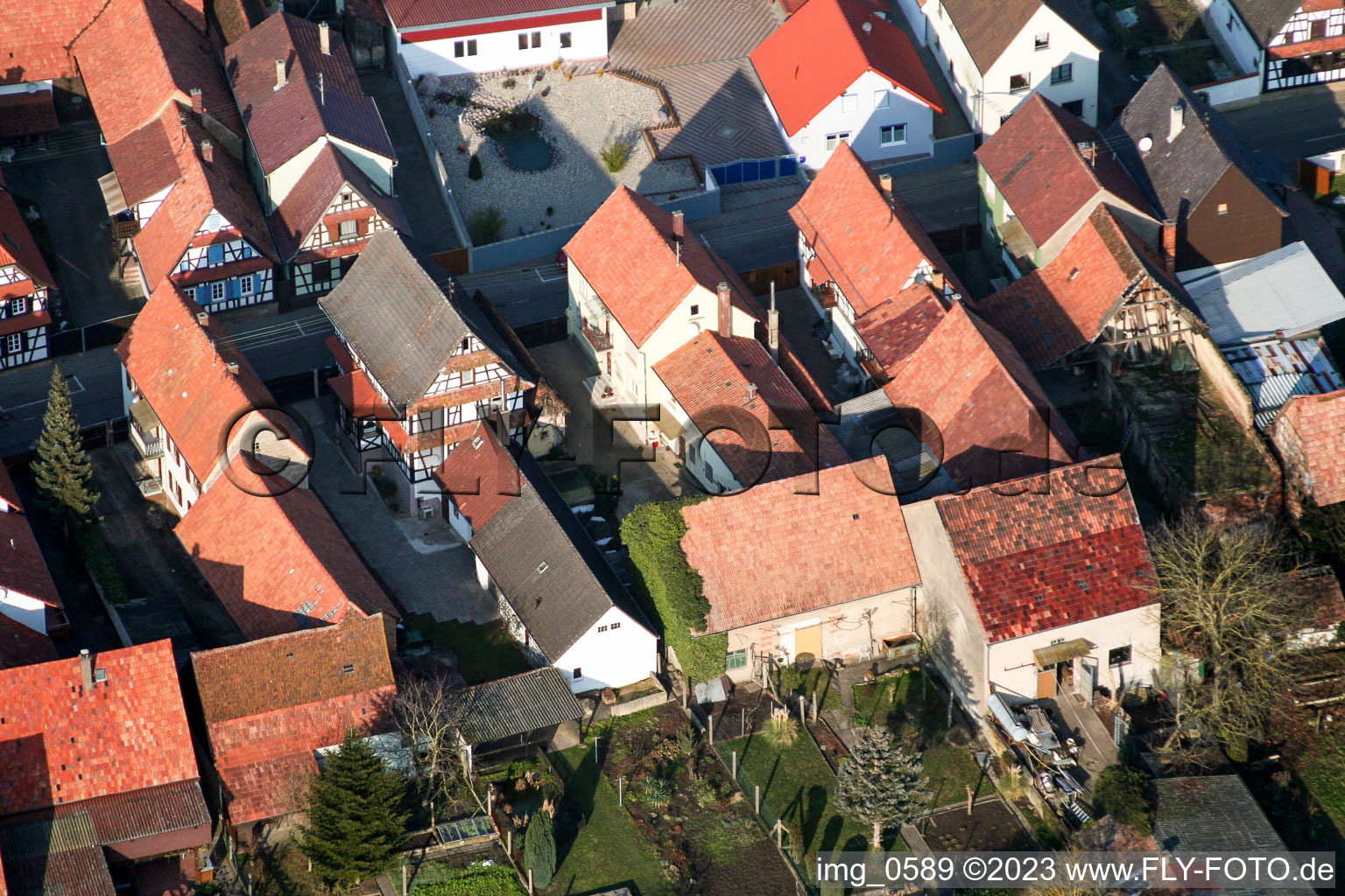 Aerial photograpy of Bachweg in Freckenfeld in the state Rhineland-Palatinate, Germany