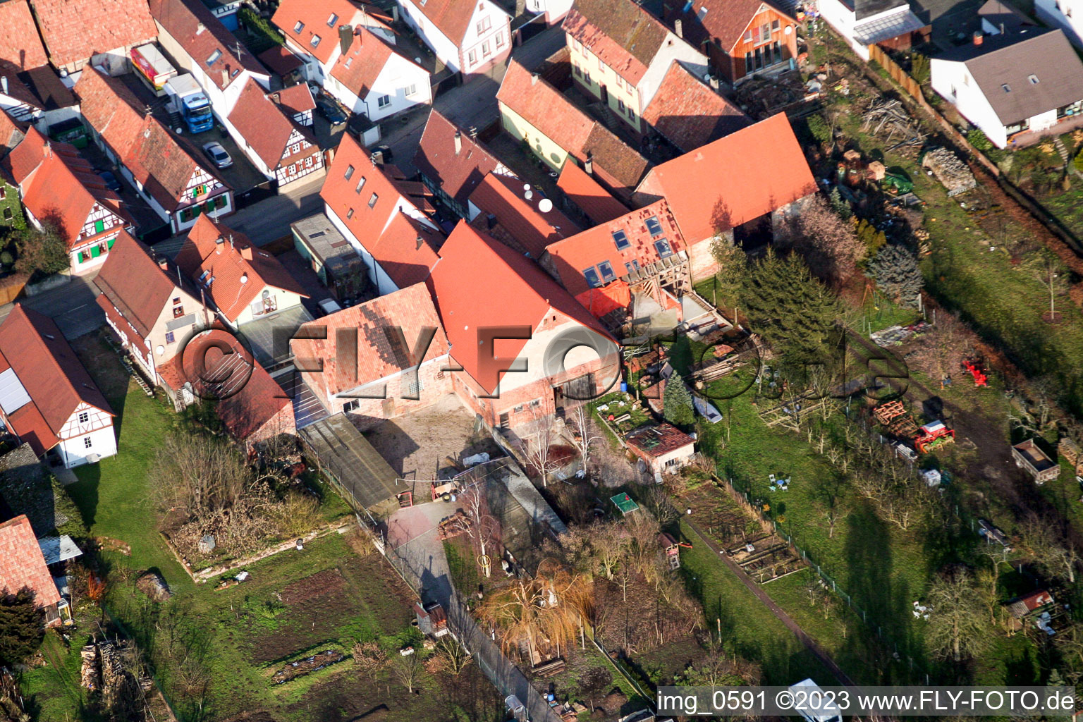 Oblique view of Bachweg in Freckenfeld in the state Rhineland-Palatinate, Germany