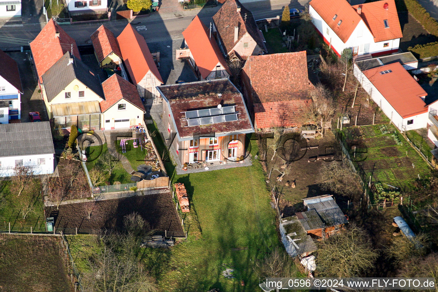 Bachweg in Freckenfeld in the state Rhineland-Palatinate, Germany seen from above