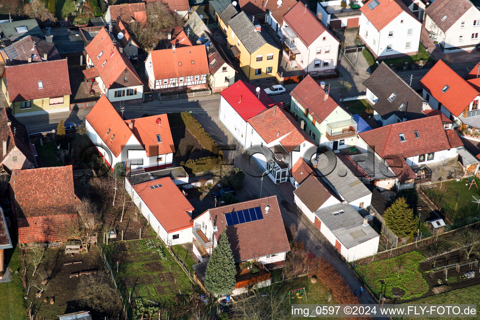 Bachweg in Freckenfeld in the state Rhineland-Palatinate, Germany from the plane