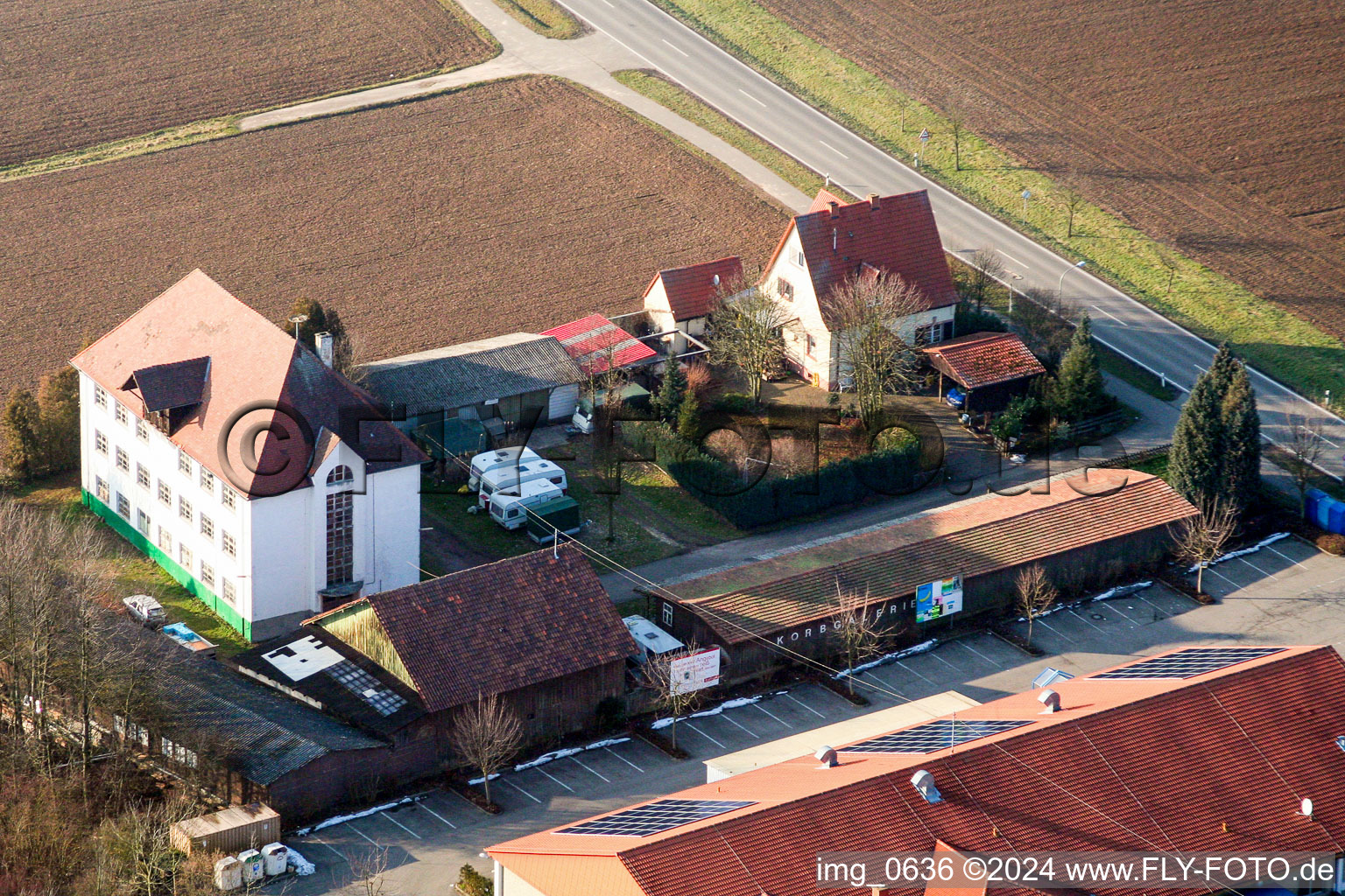 Aerial view of Commercial area at the train station in the district Schaidt in Wörth am Rhein in the state Rhineland-Palatinate, Germany