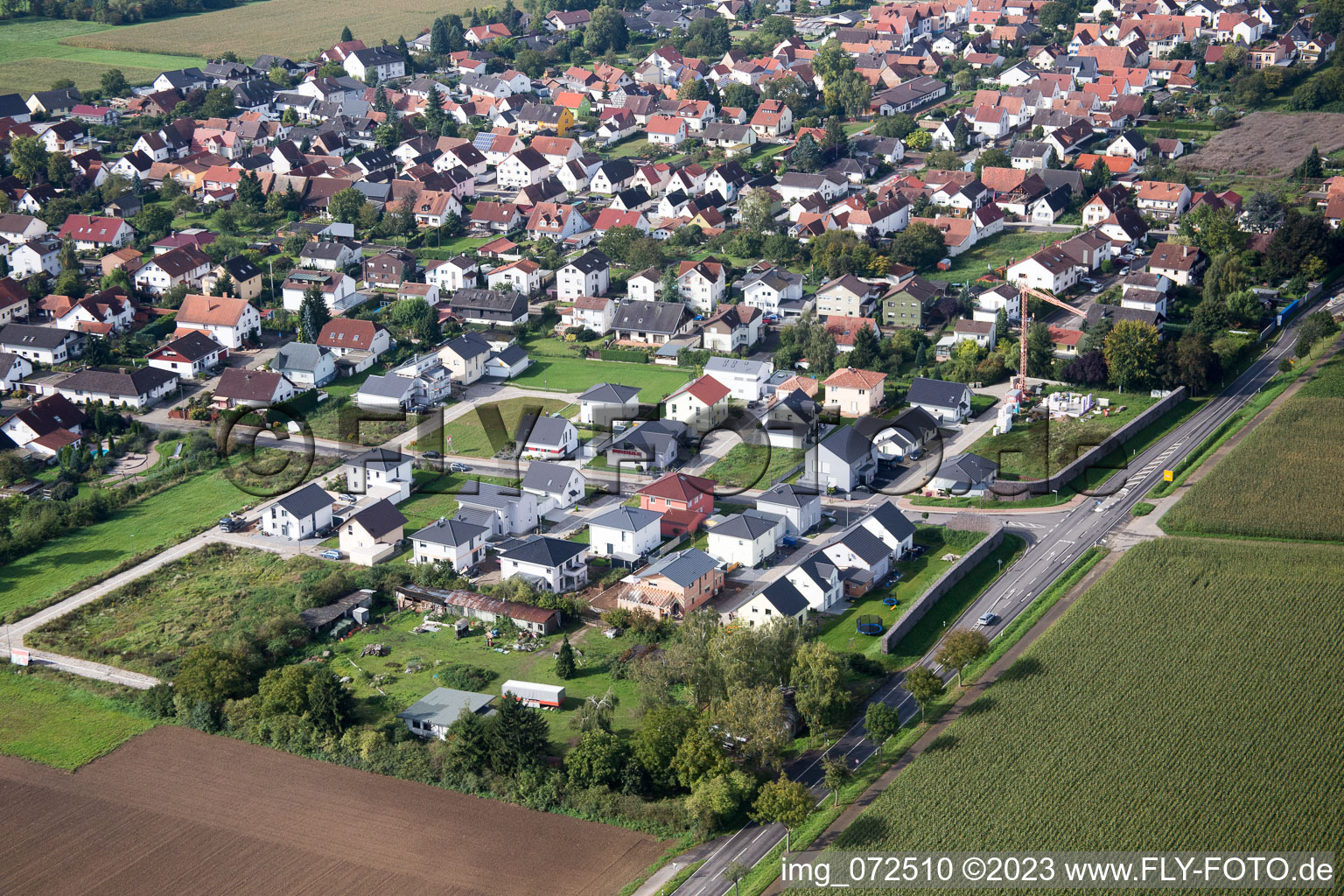 Aerial view of New development area west in Minfeld in the state Rhineland-Palatinate, Germany