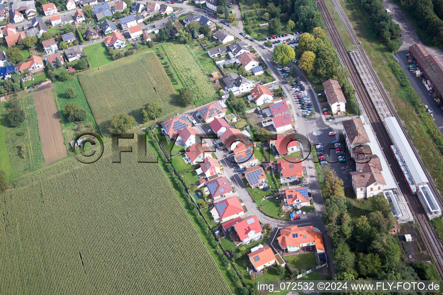 Railroad station in Winden in the state Rhineland-Palatinate, Germany from above