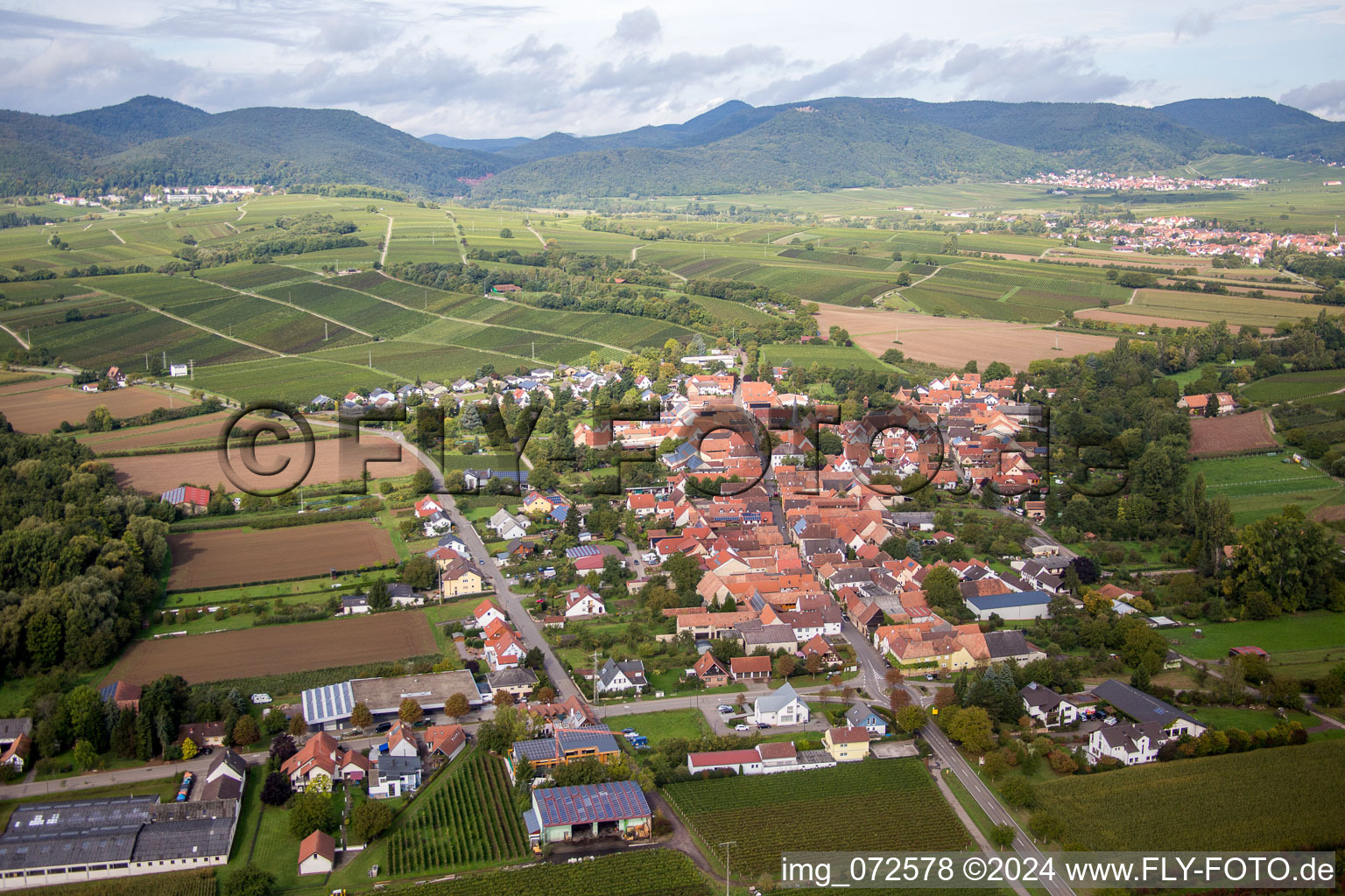 Village - view on the edge of agricultural fields and wine yards in the district Heuchelheim in Heuchelheim-Klingen in the state Rhineland-Palatinate, Germany