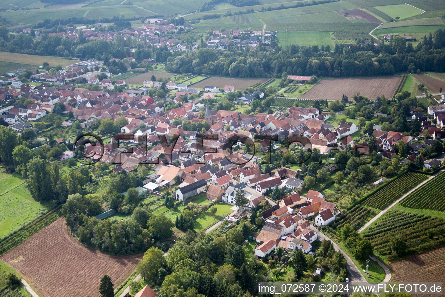 Oblique view of District Heuchelheim in Heuchelheim-Klingen in the state Rhineland-Palatinate, Germany