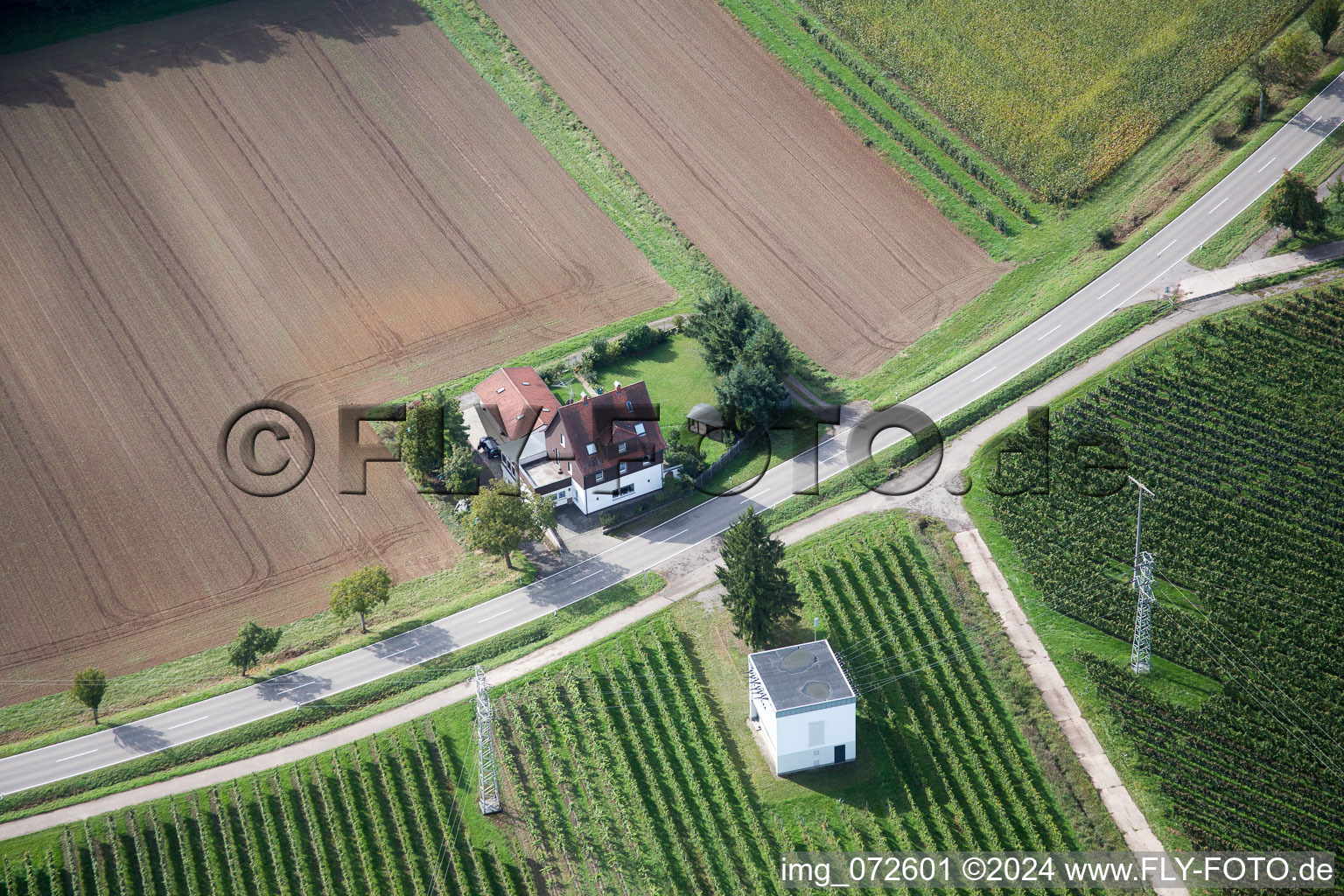 Aerial view of Waldstrasse in the district Heuchelheim in Heuchelheim-Klingen in the state Rhineland-Palatinate, Germany