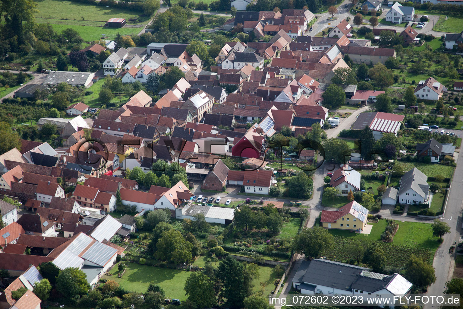 Aerial view of At the parish garden in the district Heuchelheim in Heuchelheim-Klingen in the state Rhineland-Palatinate, Germany