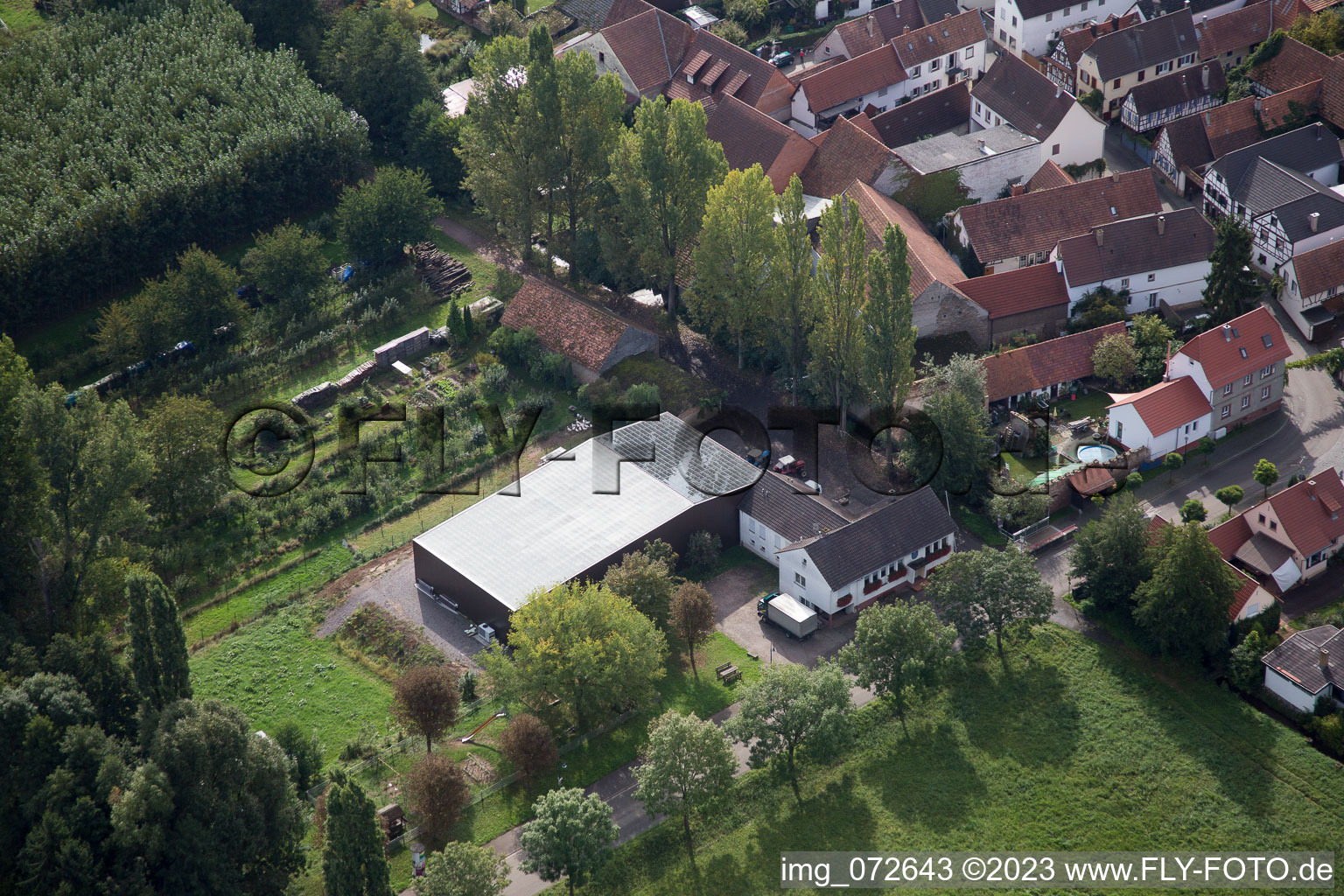 Aerial view of Bahnhofstr in the district Klingen in Heuchelheim-Klingen in the state Rhineland-Palatinate, Germany