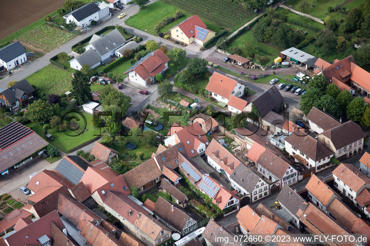 District Heuchelheim in Heuchelheim-Klingen in the state Rhineland-Palatinate, Germany from the plane