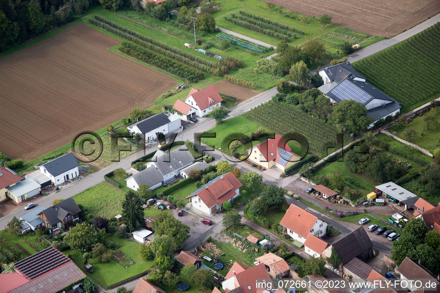 Oblique view of At the parish garden in the district Heuchelheim in Heuchelheim-Klingen in the state Rhineland-Palatinate, Germany