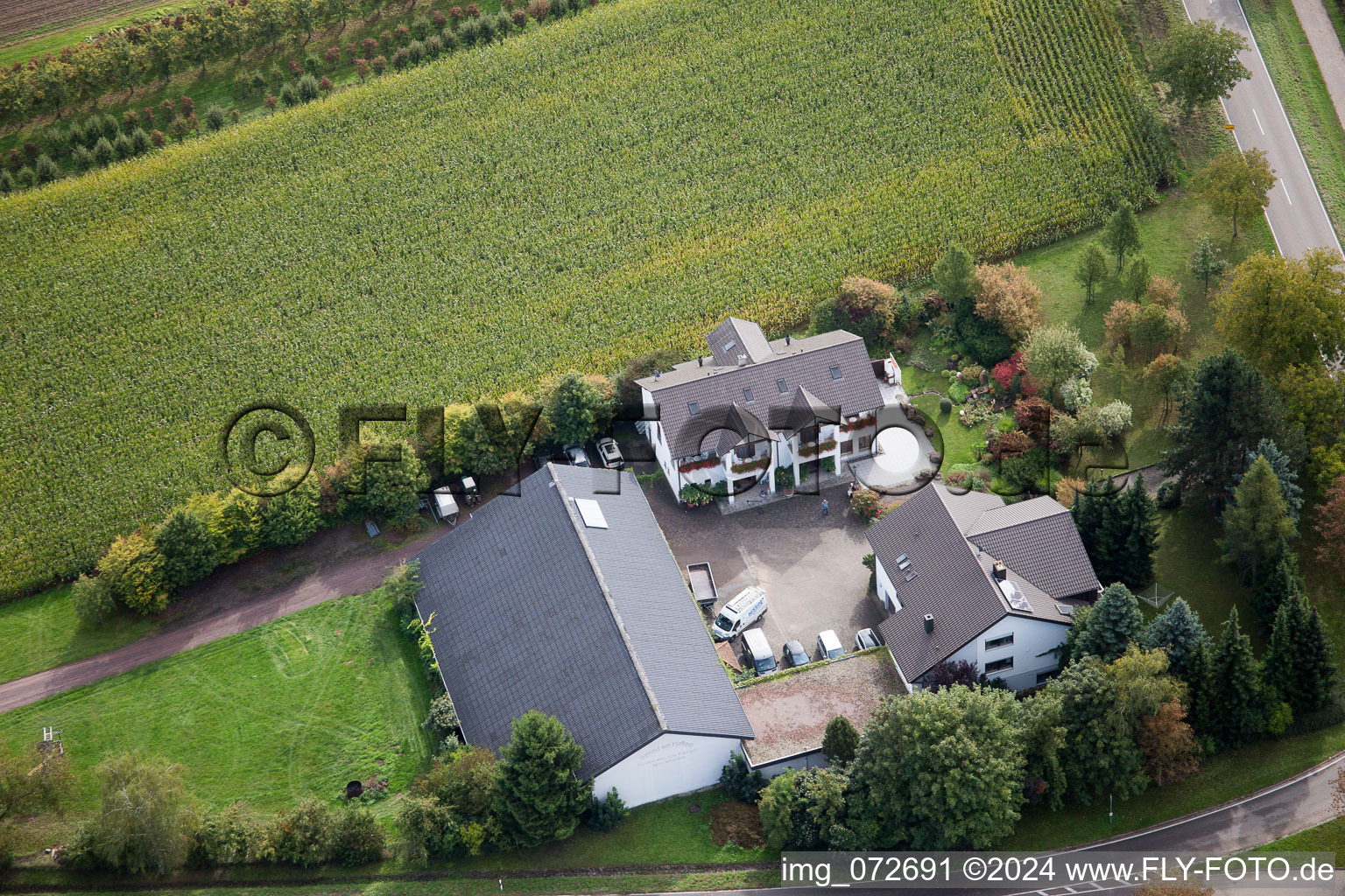 Drone image of District Heuchelheim in Heuchelheim-Klingen in the state Rhineland-Palatinate, Germany