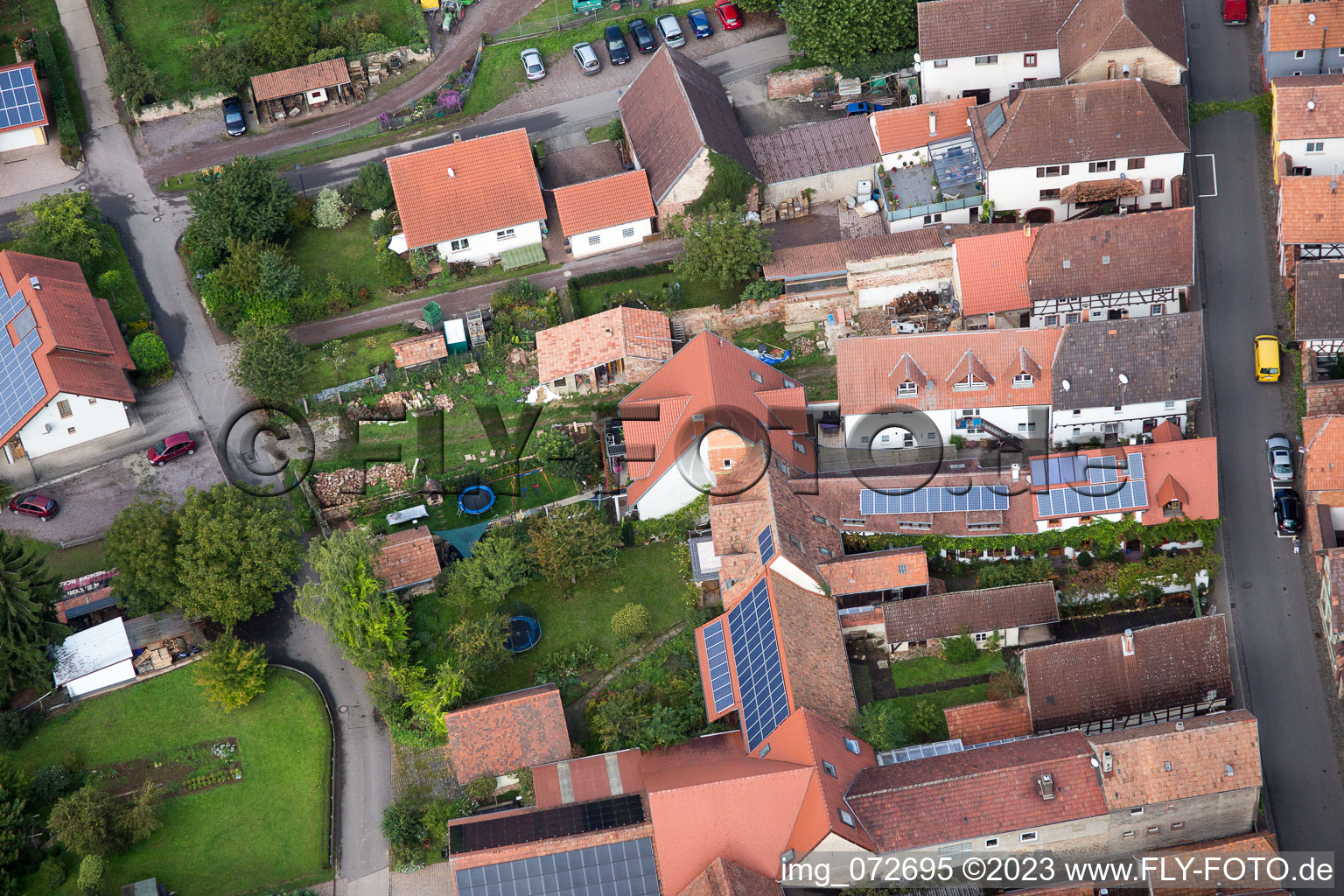 Village view in the district Heuchelheim in Heuchelheim-Klingen in the state Rhineland-Palatinate out of the air