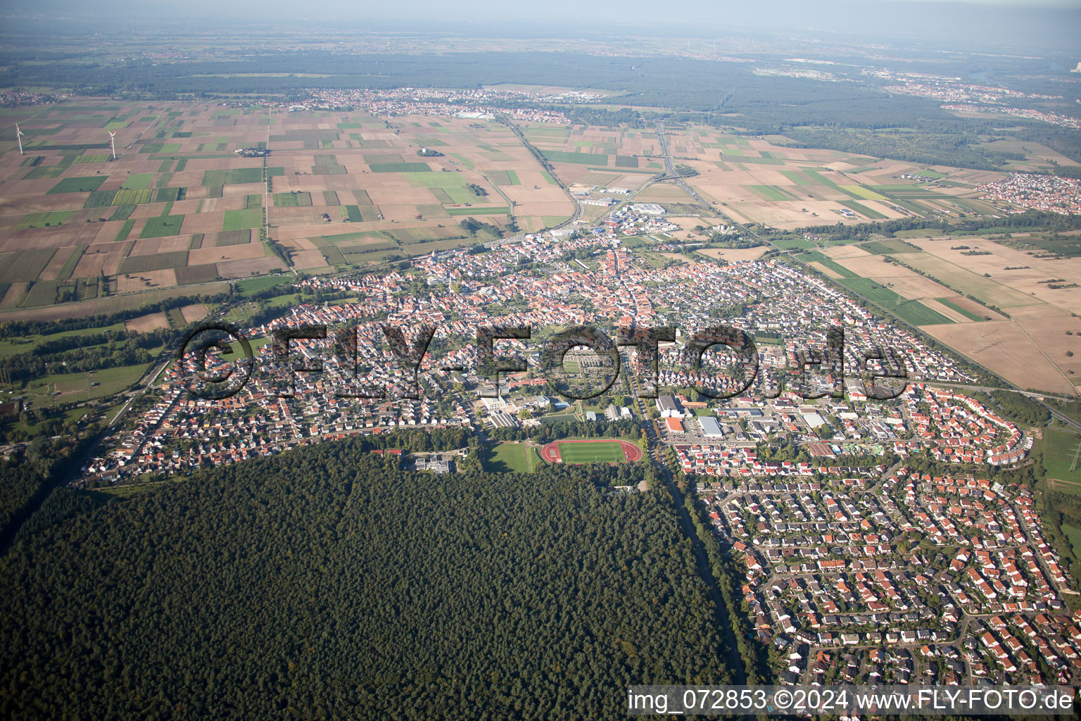 Aerial view of Rülzheim in the state Rhineland-Palatinate, Germany