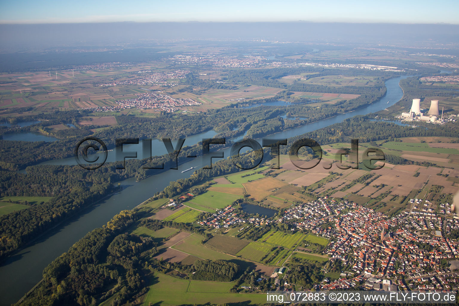 Aerial view of District Rheinsheim in Philippsburg in the state Baden-Wuerttemberg, Germany