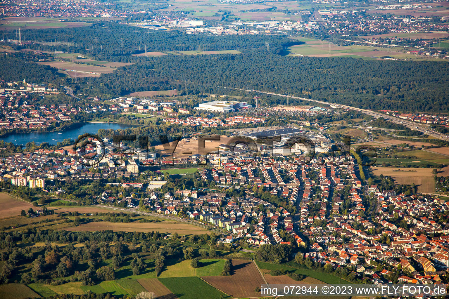 Aerial view of Schütte-Lanz-Park commercial area in Brühl in the state Baden-Wuerttemberg, Germany