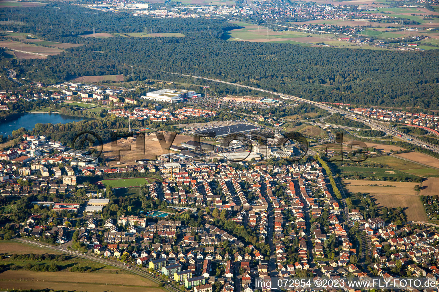 Aerial photograpy of Schütte-Lanz-Park commercial area in Brühl in the state Baden-Wuerttemberg, Germany