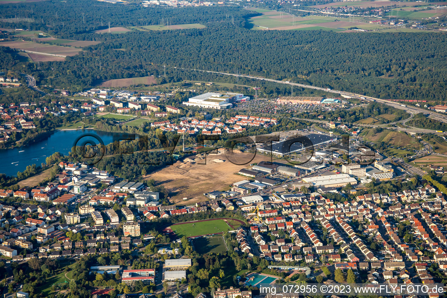 Oblique view of Schütte-Lanz-Park commercial area in Brühl in the state Baden-Wuerttemberg, Germany