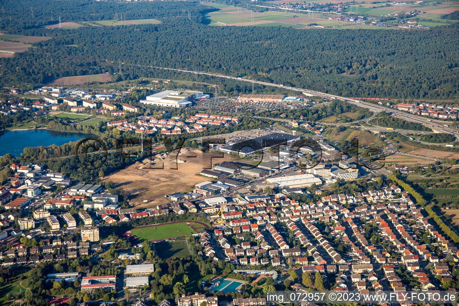 Schütte-Lanz-Park commercial area in Brühl in the state Baden-Wuerttemberg, Germany from above