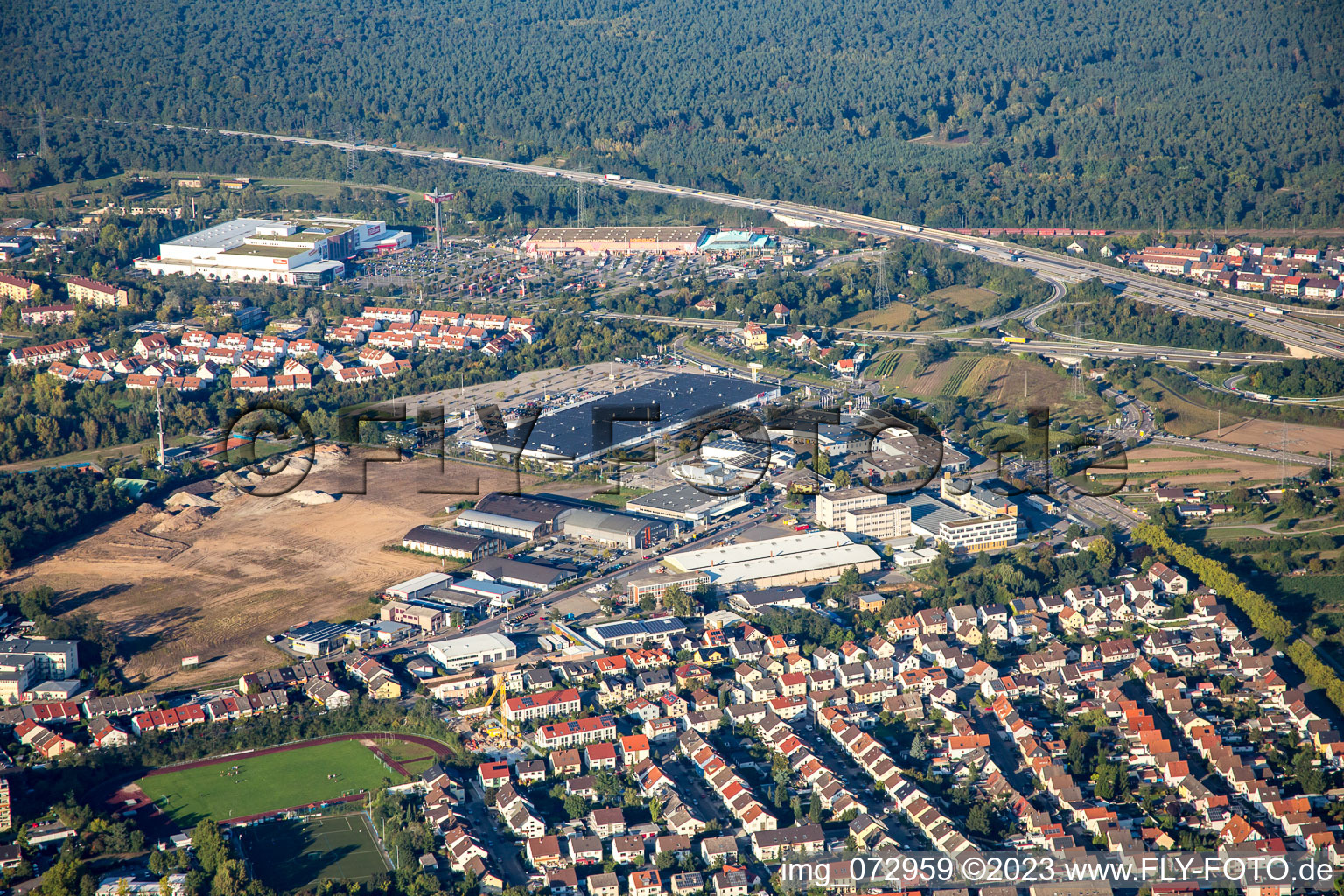 Schütte-Lanz-Park commercial area in Brühl in the state Baden-Wuerttemberg, Germany seen from above