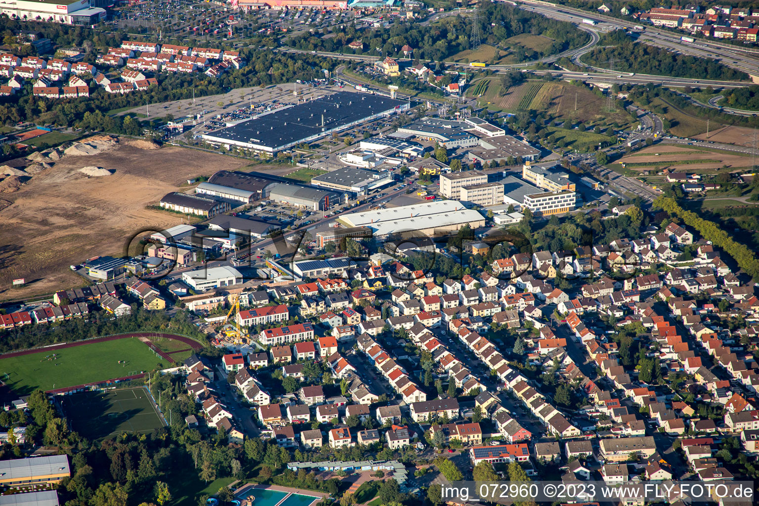 Schütte-Lanz-Park commercial area in Brühl in the state Baden-Wuerttemberg, Germany from the plane