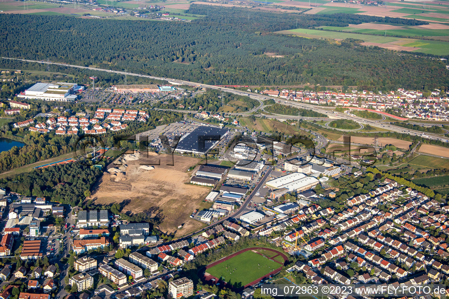 Bird's eye view of Schütte-Lanz-Park commercial area in Brühl in the state Baden-Wuerttemberg, Germany