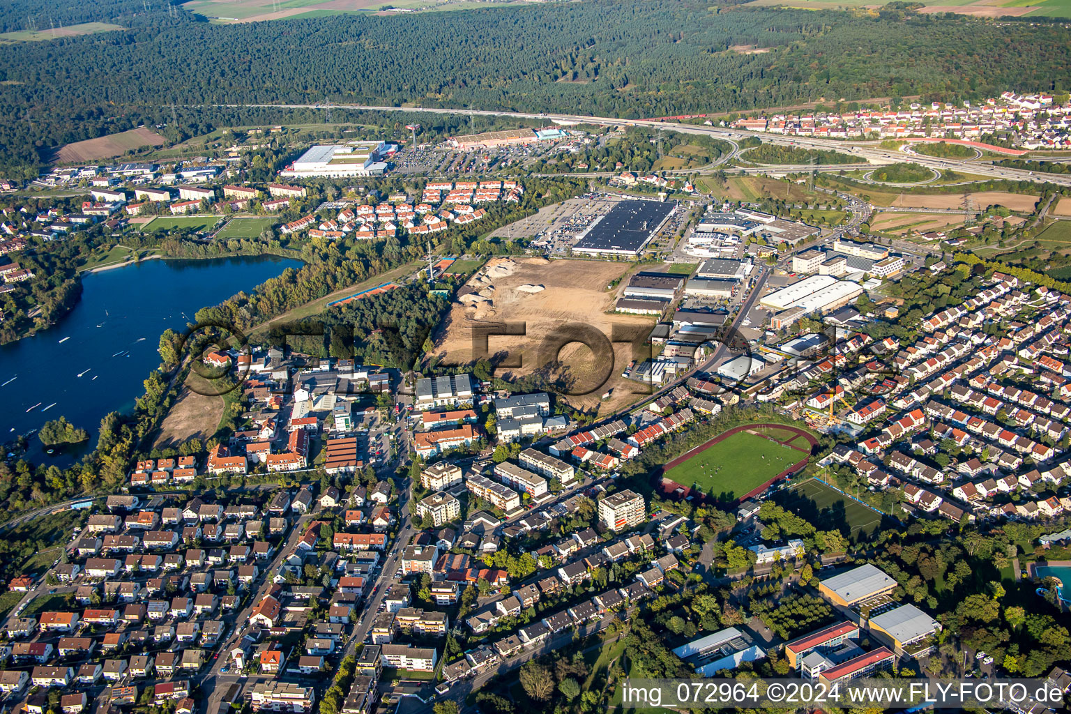 Aerial view of New building construction site in the industrial parkSchuette-Lanz-Park in Bruehl in the state Baden-Wurttemberg