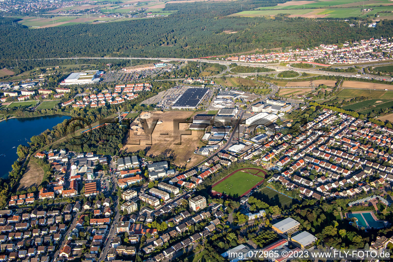 Schütte-Lanz-Park commercial area in Brühl in the state Baden-Wuerttemberg, Germany viewn from the air