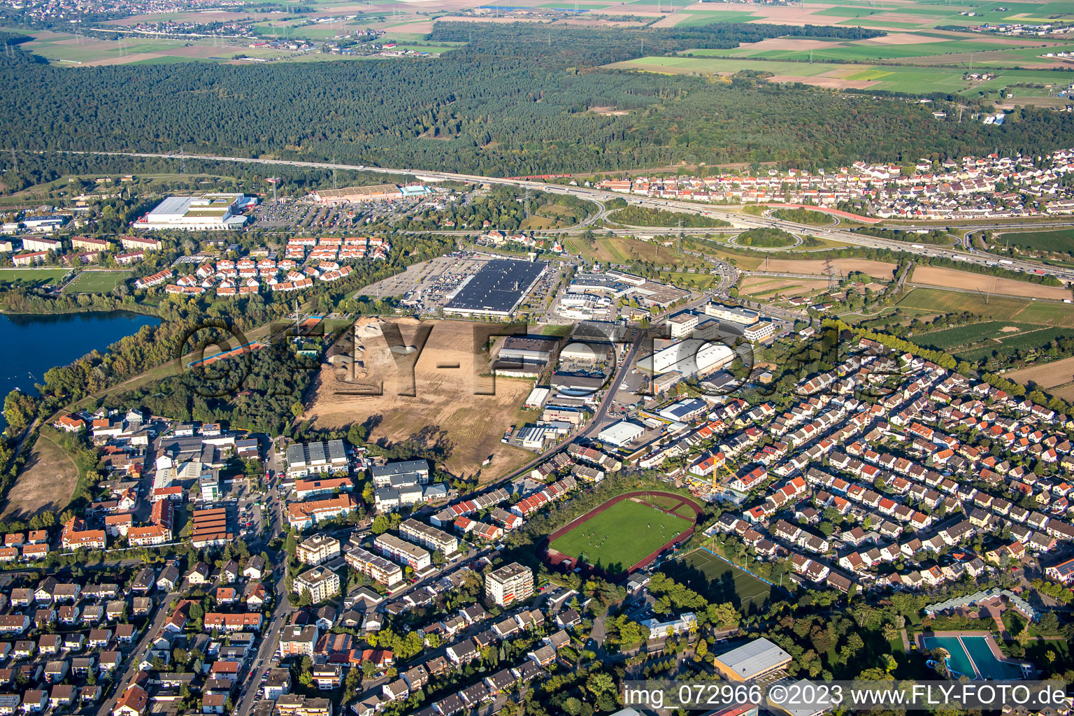 Drone recording of Schütte-Lanz-Park commercial area in Brühl in the state Baden-Wuerttemberg, Germany