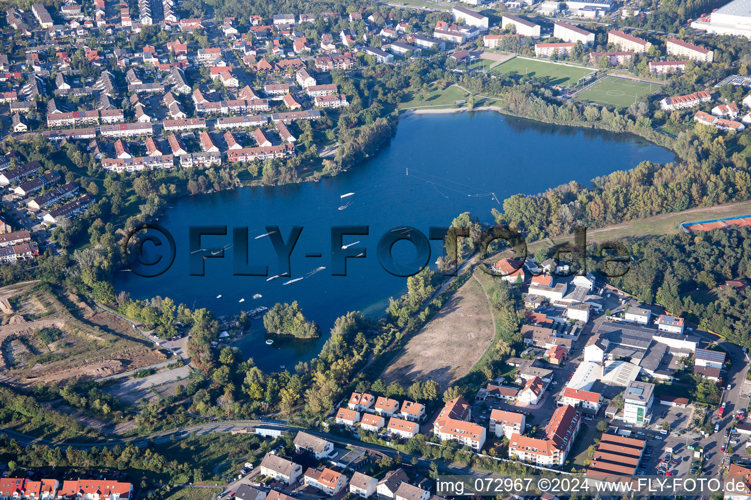 Leisure center of water skiing - racetrack in the district Rheinau in Mannheim in the state Baden-Wurttemberg