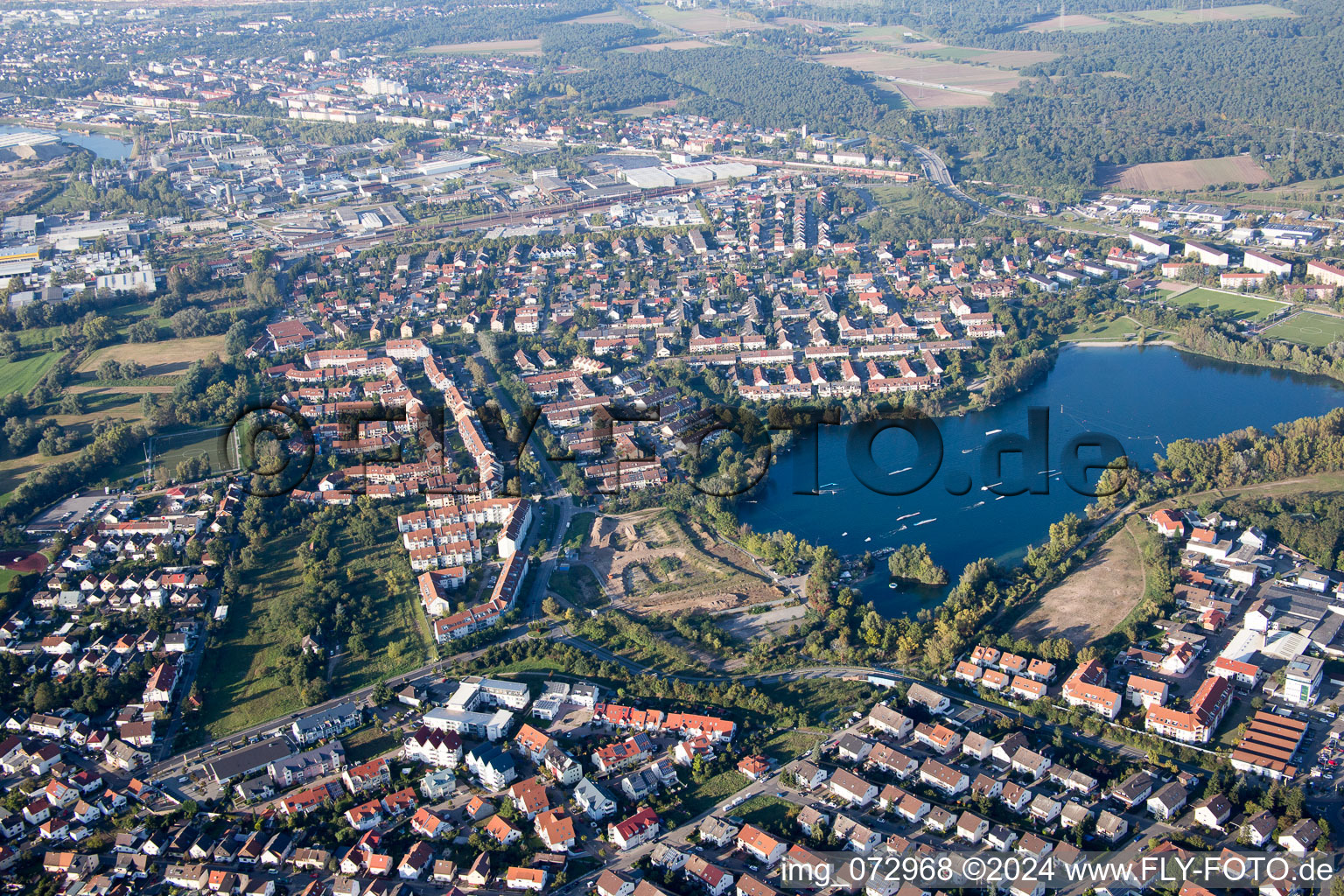 Aerial photograpy of District Rheinau in Mannheim in the state Baden-Wuerttemberg, Germany