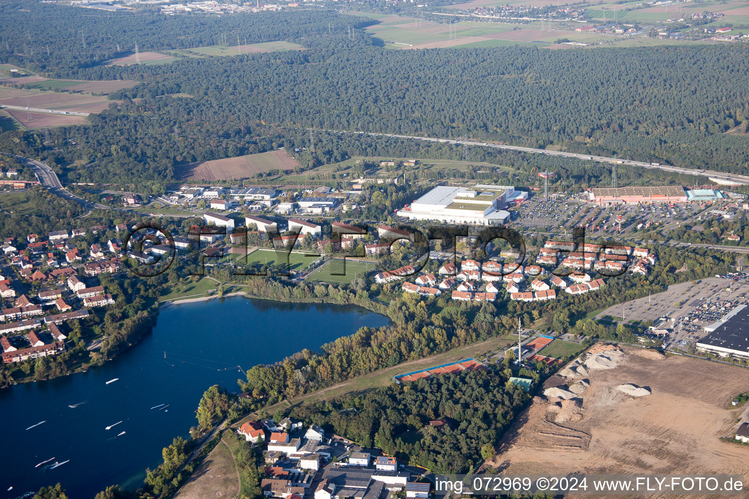 Oblique view of District Rheinau in Mannheim in the state Baden-Wuerttemberg, Germany