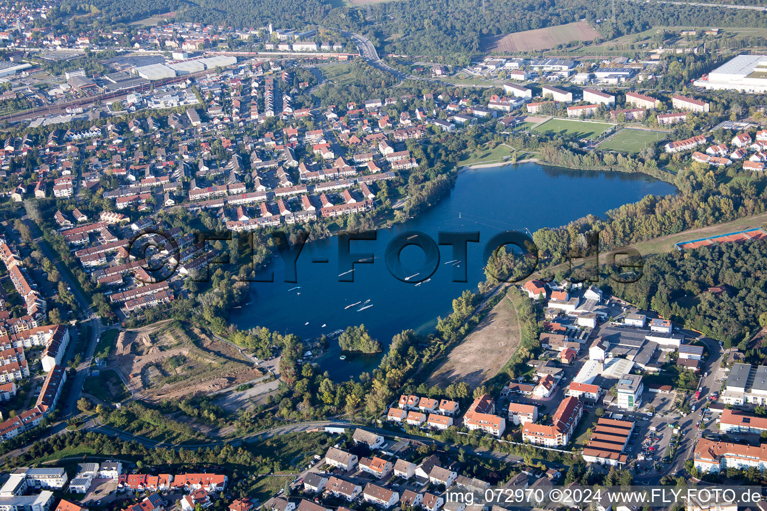 District Rheinau in Mannheim in the state Baden-Wuerttemberg, Germany from above