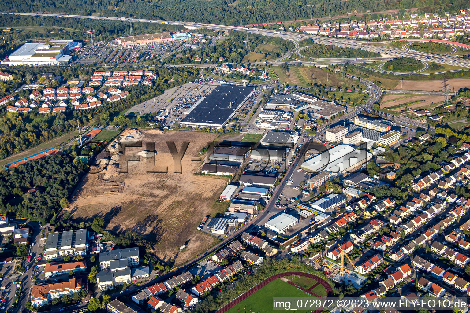 Drone image of Schütte-Lanz-Park commercial area in Brühl in the state Baden-Wuerttemberg, Germany