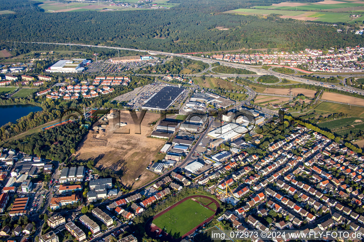 Aerial view of Industrial estate and company settlement Schuette-Lanz-Park in the district Rheinau in Bruehl in the state Baden-Wurttemberg