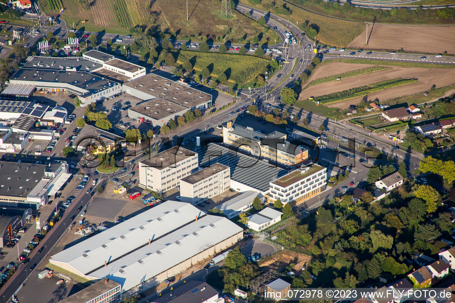 Schütte-Lanz-Park commercial area in Brühl in the state Baden-Wuerttemberg, Germany from the drone perspective