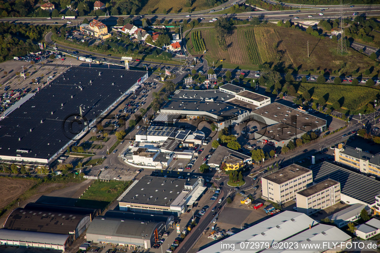 Schütte-Lanz-Park commercial area in Brühl in the state Baden-Wuerttemberg, Germany from a drone