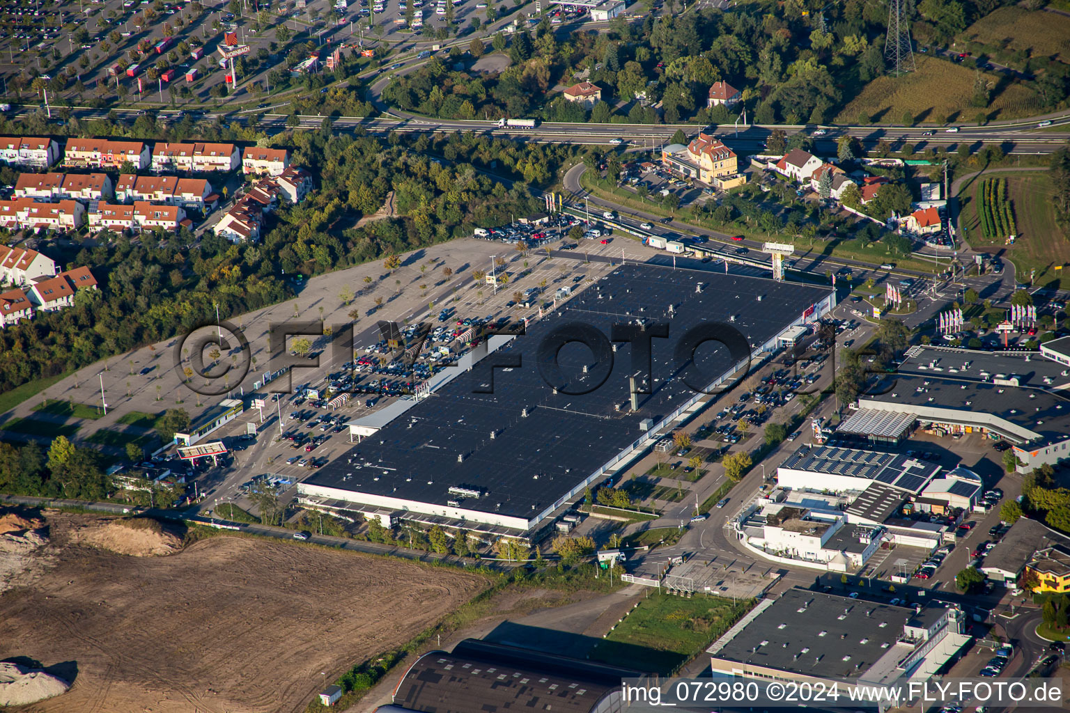 Aerial photograpy of Industrial estate and company settlement Schuette-Lanz-Park in the district Rheinau in Bruehl in the state Baden-Wurttemberg