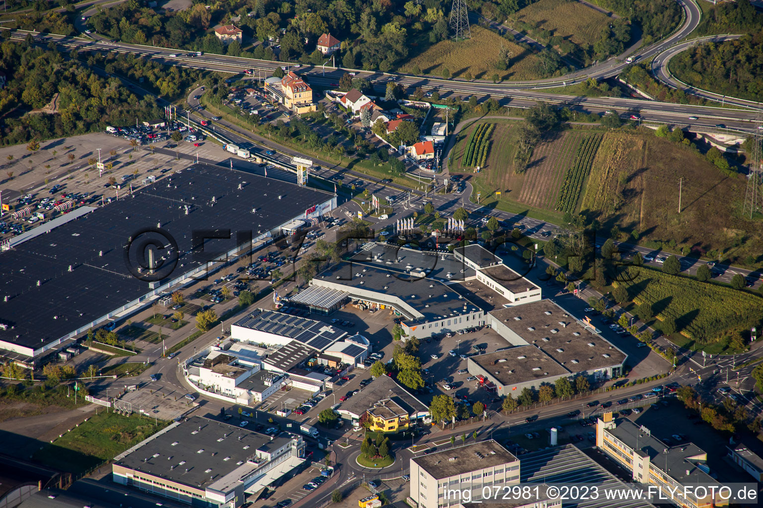 Schütte-Lanz-Park commercial area in Brühl in the state Baden-Wuerttemberg, Germany seen from a drone