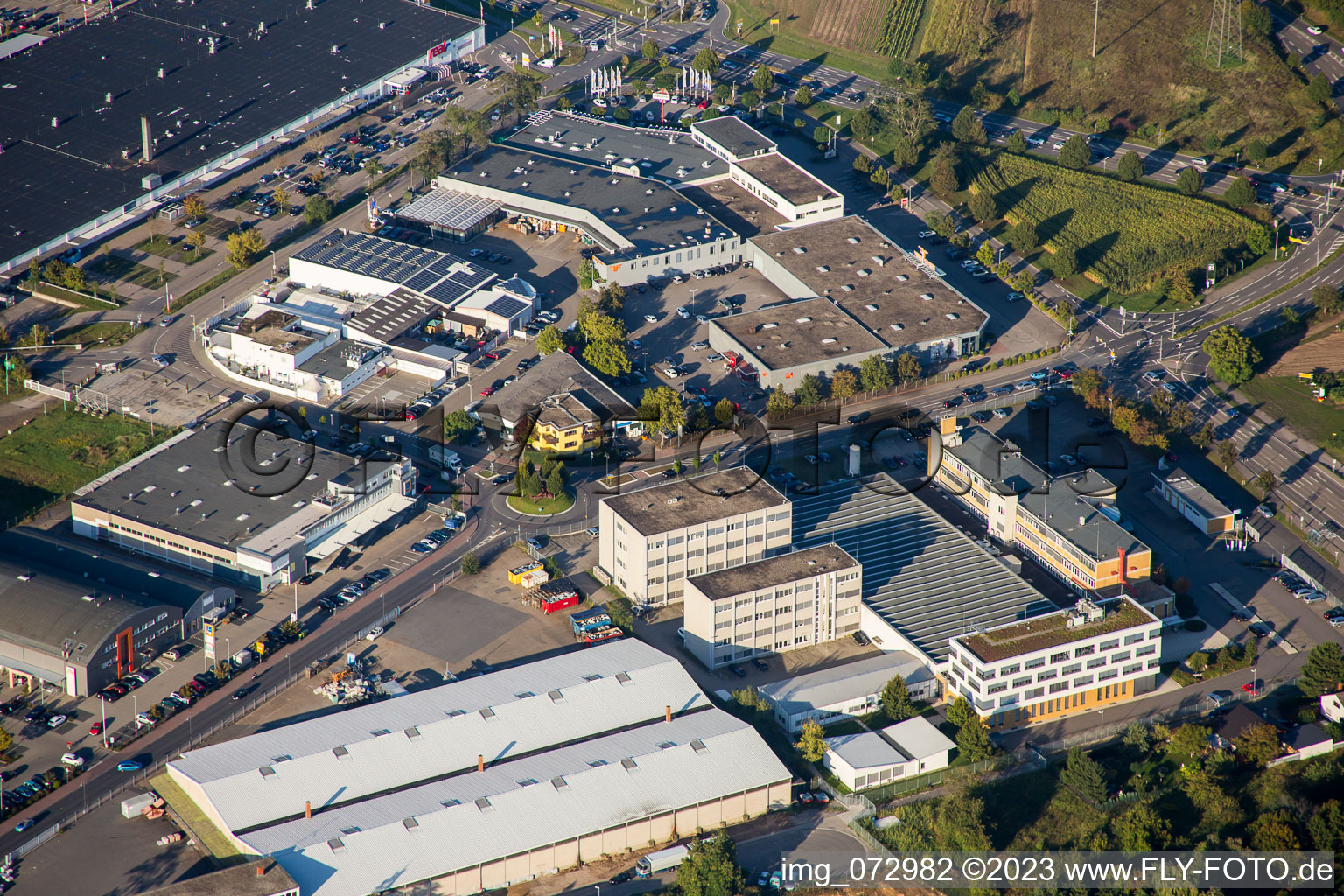 Aerial view of Schütte-Lanz-Park commercial area in Brühl in the state Baden-Wuerttemberg, Germany